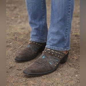Slip on Cole Hann brown suede mules cut out design sz 37 sz 7-8 gold metal studs